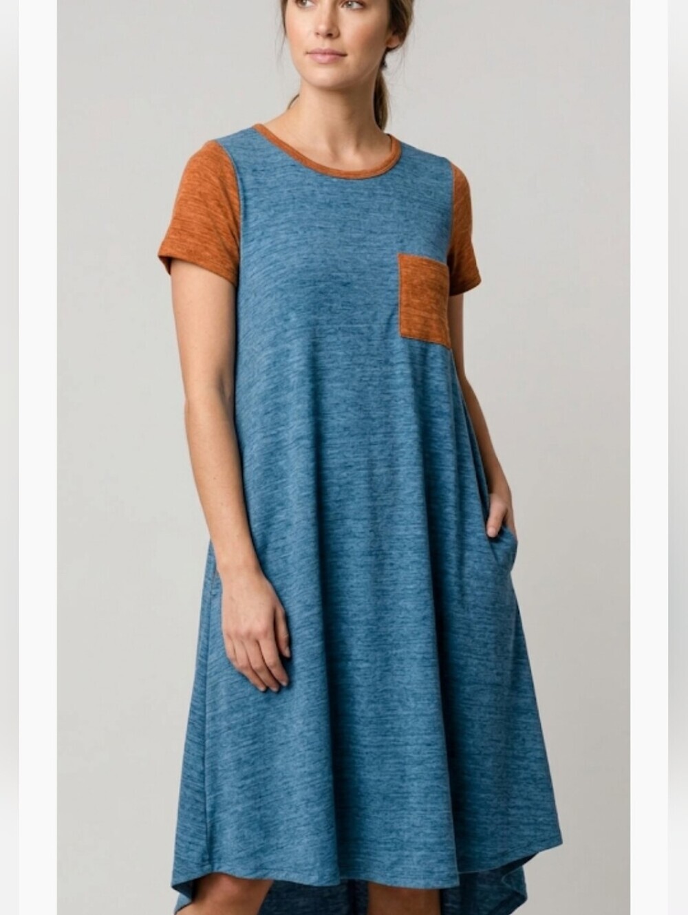 LuLaRoe Carly Hi-low Swing Midi Dress Size Large Heather Blue and Orange Casual